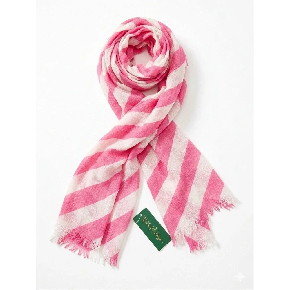 Lilly‎ Pulitzer Riley Scarf Off Kilter Pink White Striped Rayon Fringed Wrap NWT